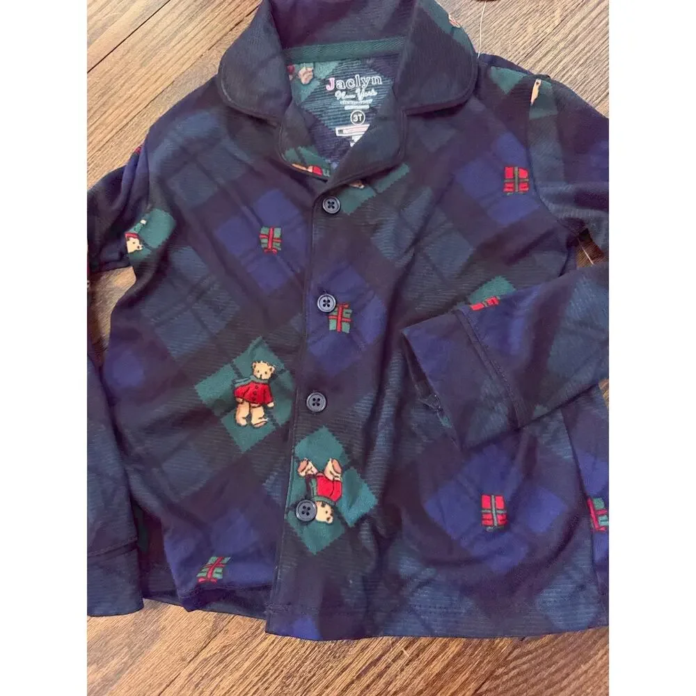 Teddy Bear Green Plaid Toddler Holiday 2 Piece Pajamas Sz 3T Nordstrom NWT